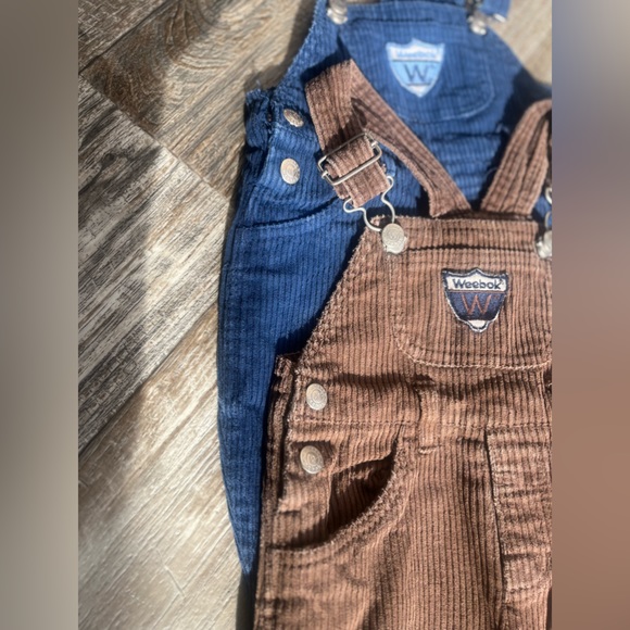 2 pair Vintage 90s Weebok Corduroy Overalls by Reebok navy & brown corduroy bibs - Picture 3 of 16